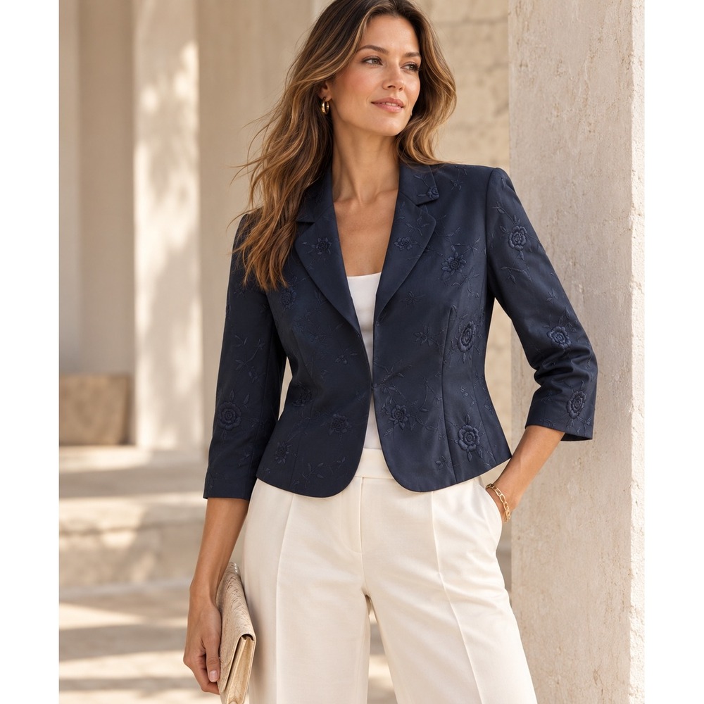 Ann Taylor Blazer Jacket Sz 2 Petite Navy Embroidered 100% Silk SEE NOTES